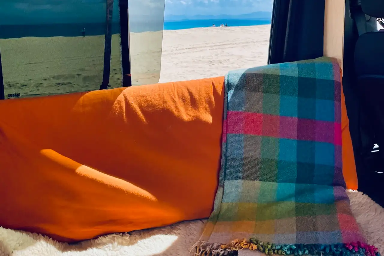 Cozy wool blanket in camper van